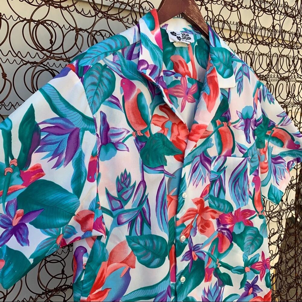 Vintage Hilo Hattie Hawaiian bright tropical button down shirt XL blue teal - Picture 3 of 5